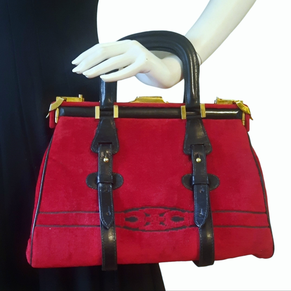 CESARE PICCINI Vintage Velvet Satchel w/ Leather Trim Red/Blk Gold HW